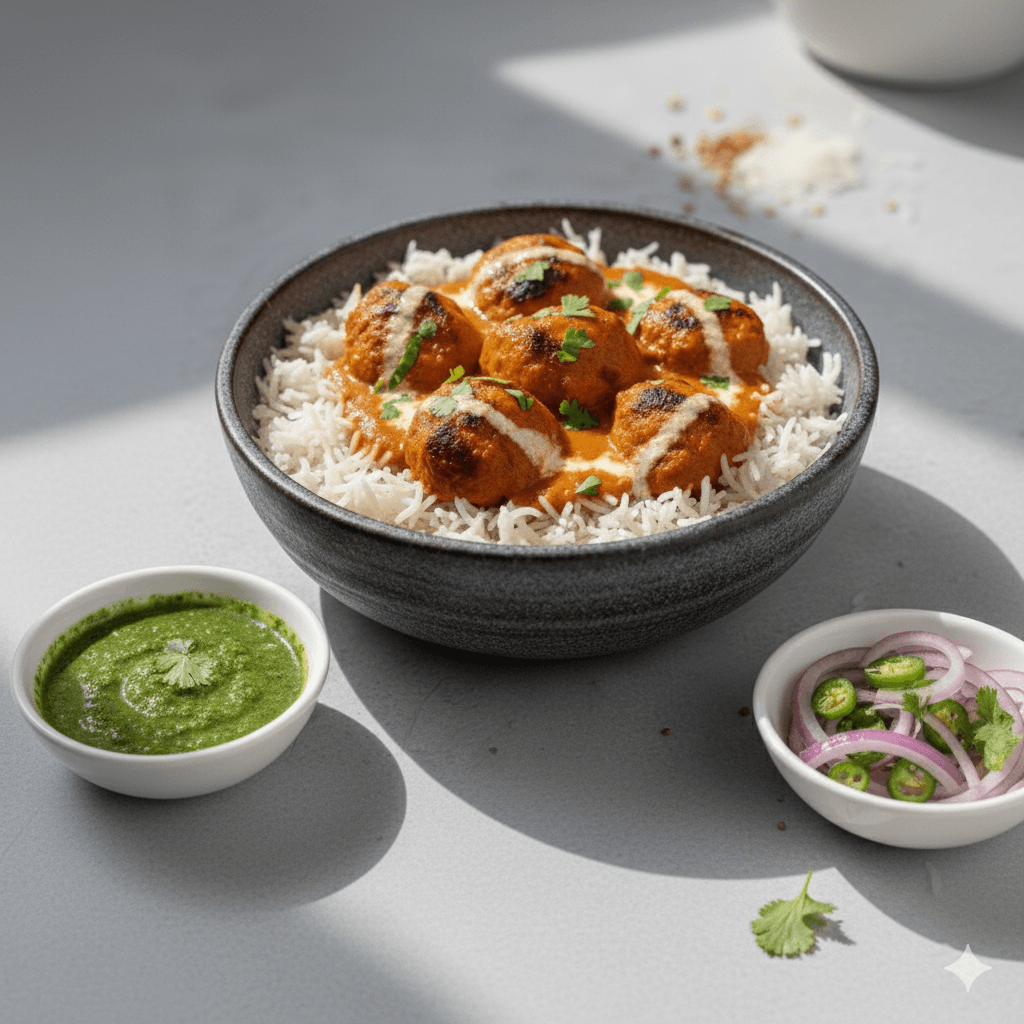 Delicious butter chicken curry in black to-go container with rice